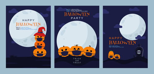 Set of Halloween holiday event invitation design layout. Cute and spooky cartoon pumpkins wear facial mask during Covid-19 . Happy halloween party flat banner , poster or card vector template. 