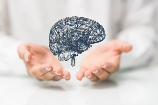Human brain digital illustration. Electrical activity, flashes and lightning on a blue background.