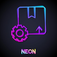 Glowing neon line Gear wheel with package box icon isolated on black background. Box, package, parcel sign. Delivery and packaging. Vector