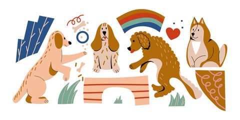 Set of cute playful dogs bones and paws. Collection elements of funny cartoon puppy characters. Different breed dogs. Colored flat vector illustration isolated on white background