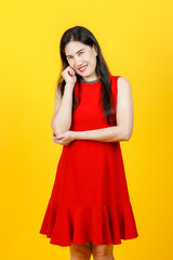 Healthy young Asian woman on isolated portrait, friendly smiling, enjoy beauty make up and happy on elegant wearing style of beautiful sleeveless dress for luxurious social event or gala party
