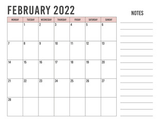 Calendar February 2022 with simple landscape design