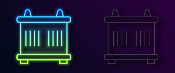 Glowing neon line Container icon isolated on black background. Crane lifts a container with cargo. Vector