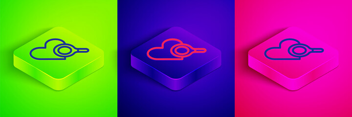 Isometric line Medical heart inspection icon isolated on green, blue and pink background. Heart magnifier search. Square button. Vector