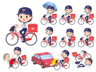 シティサイクルに乗った郵便配達員女性のセット