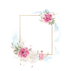 Set of delicate red and white peonies and gold frames. Watercolor illustration