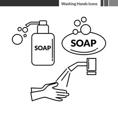 protection icons set. washing hand and soap vector illustration in line art. good to use to campaign healthy lifestyle .