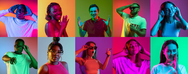 Collage of portraits of an ethnically diverse people, male and female, isolated over multicolored background. Different emotions
