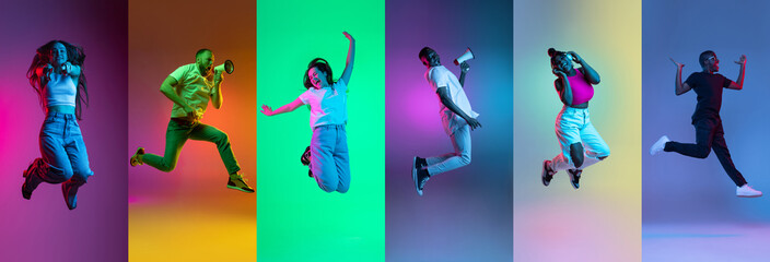 Collage of portraits of an ethnically diverse people joyfuly jumping isolated over multicolored background.