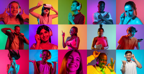 Collage of portraits of an ethnically diverse people isolated over multicolored background.