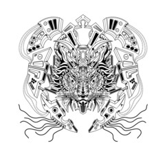 Hand drawn black and white tattoos artwork animal lion beast cyborg mecha vector Illustration