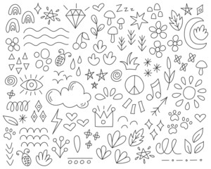 Vector set of design elements in doodle style. Signs, symbols and icons