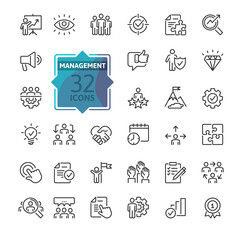 Business Management Outline Icon Collection. Thin Line Set contains such Icons as Vision, Mission, Values, Human Resource, Experience and more. Simple web icons set. - 457079807