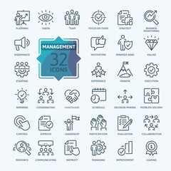 Business Management Outline Icon Collection. Thin Line Set contains such Icons as Vision, Mission, Values, Human Resource, Experience and more. Simple web icons set. - 457079809