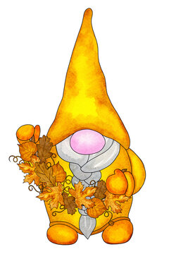 Fabulous autumn scandinavian gnome with garland of leaves