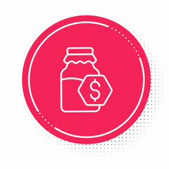 White line Sale in jar of honey icon isolated on white background. Food bank. Sweet natural food symbol. Red circle button. Vector