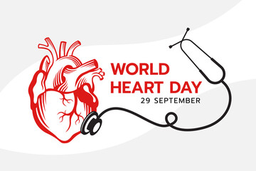world heart day banner - abstract drawing red human heart with stethoscope medical sign vector design