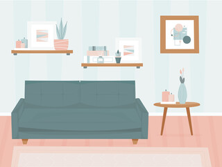 Living room with furniture. Modern minimalistic interior. Stylish design. Sofa and decor items, paintings on walls. Vector illustration, flat