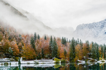 Between autumn and winter. Warm and cold reflections of snow on Lake Fusine.