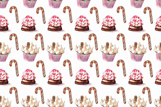 Seamless pattern cakes with cream, meringue and cookies on white bachground. Watercolor hand painted illustration