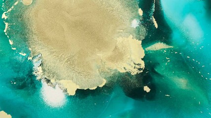 Gold teal ink vertical abstract background, 4k footage. Close-up, gold covers top of turquoise paint. Stylish brilliant background of motion fluid. Green abstract ink flows. Bright emerald liquid - Powered by Adobe