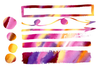 Artistic Multicolor Watercolor design elements, watercolor gradient colorful Arrows and Frames freehand drawing. Multicolored Set orange, pink, red, violet and purple Arrow, frame, logo, ribbon