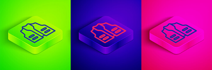 Isometric line Fishing jacket icon isolated on green, blue and pink background. Fishing vest. Square button. Vector
