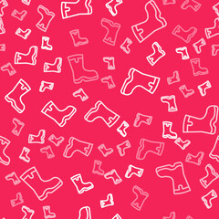 White line Fishing boots icon isolated seamless pattern on red background. Waterproof rubber boot. Gumboots for rainy weather, fishing, hunter, gardening. Vector