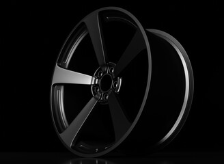 Obraz premium Sport black color car rim in dark scene 3D rendering car part wallpaper backgrounds
