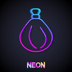 Glowing neon line Garbage bag icon isolated on black background. Vector
