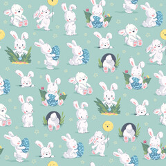 Seamless pattern with cute funny little white bunny sit,  stand with balloon, hide in grass, carry Easter egg isolated. Vector flat hand drawn doodle illustration for Easter prints, cards, packaging.