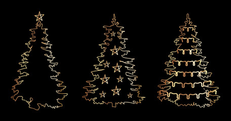 Golden Christmas trees set. Vector illustration