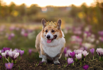 happy corgi dog in a golden crown walks through a spring meadow blooming with purple snowdrops and...