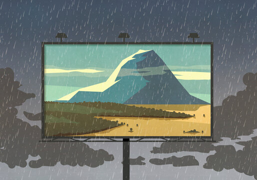 Mountain view on billboard against rainy sky
