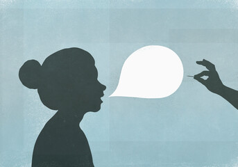 Hand with pin popping speech bubble
