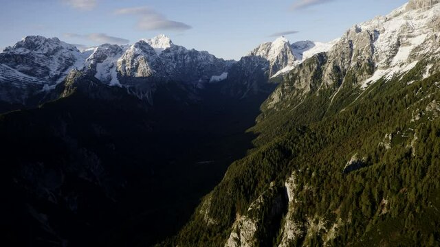 Aerial shot of Triglav national park, Vrata valley and Triglav mountain