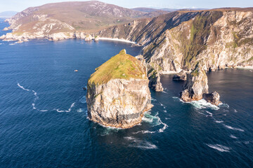 Aerial view of Tormore Island by Port between Ardara and Glencolumbkille in County Donegal - The...