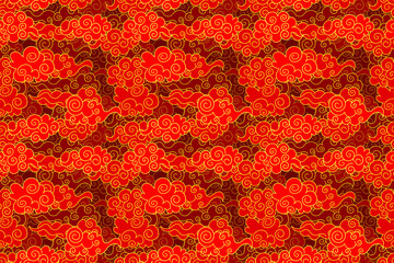 Vector Seamless Pattern, Oriental Red and Golden Colorful Clouds Background, Colorful Illustration, 3D Layers, Multilayered Effect, Background Template.