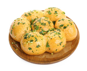 Traditional pampushka buns with garlic and herbs on white background