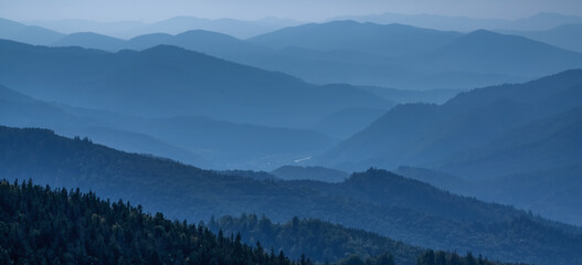 High peaks of beautiful dark blue mountain range landscape with fog and forest. Ukraine, Carpathians.