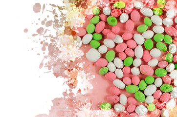 Sweet Dragee scattered. Peanuts covered with sugar glaze. Treats. Digital watercolor painting. Modern Art