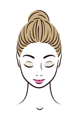 Vector face of a girl with her hair tucked back into a bun, freehand drawing 