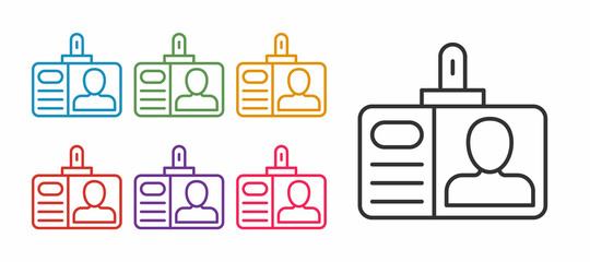 Set line Identification badge icon isolated on white background. It can be used for presentation, identity of the company, advertising. Set icons colorful. Vector