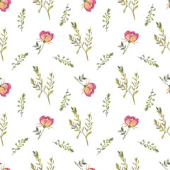 Seamless pattern from a hand-drawn watercolor pink flowers on a white background. Use for menus, invitations