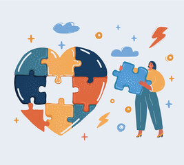 Vector illustration of love puzzle. Woman stand with big part of it.