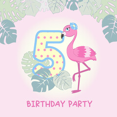 Birthday invitation with cute flamingo pattern