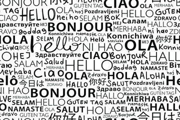 Hello in different languages seamless pattern repeating texture. Background design for school, hotels, fashion graphics, fabrics, wallpapers, wall arts etc - obrazy, fototapety, plakaty