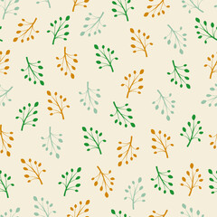 Botanical seamless pattern with autumn grass. Abstract multicolored leaves on a beige background. Cute print for fabric, packaging, kitchen, website. Garden vector illustration.