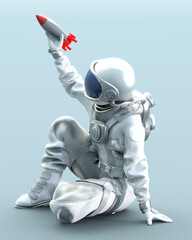 Astronaut sitting on the ground holds small rocket in hand, 3D illustration - 457084867
