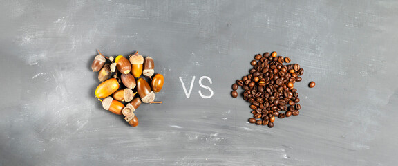 Acorn coffee alternative decaffeinated drink against aromatic roasted coffee beans on gray background